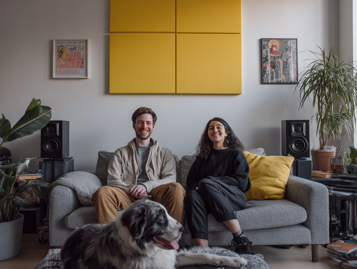 Happy Brooklyn residents relaxing in a quiet apartment and a business owner in a calm office environment, soundproof panels visible